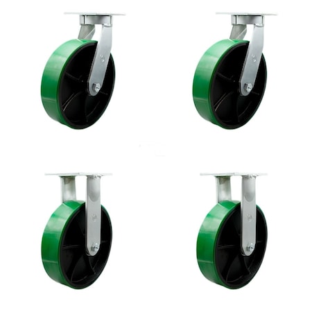 Service Caster 10'' Heavy Duty Green Poly on Cast Iron Wheel Caster Set 2 Swivel 2 Rigid, 4PK CRAN-SCC-KP92S1030-PUR-GB-2-R-2